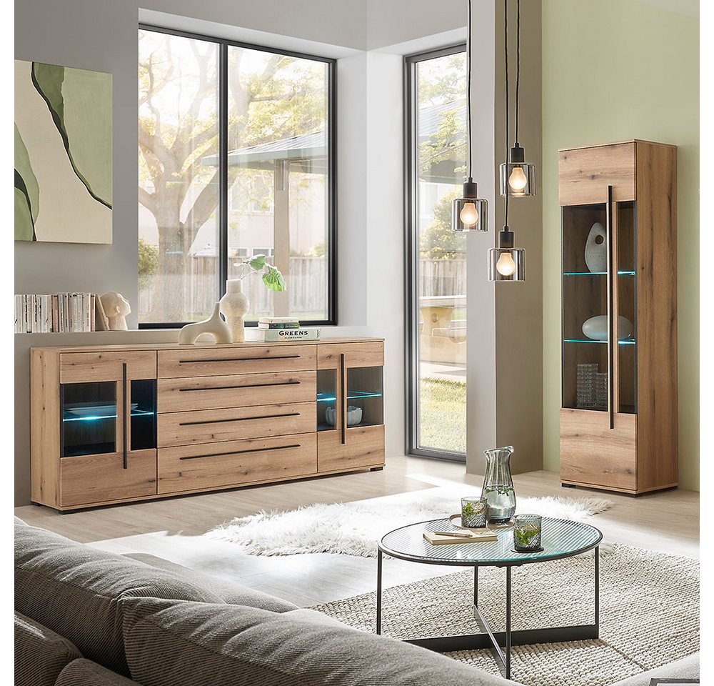 Lomadox Wohnzimmer-Set COLORADO-61, (Mega-Spar-Set, 2-St., Vitrine Sideboard), in Eiche mit LED Glasbodenbeleuchtung und Softclose Schubladen von Lomadox