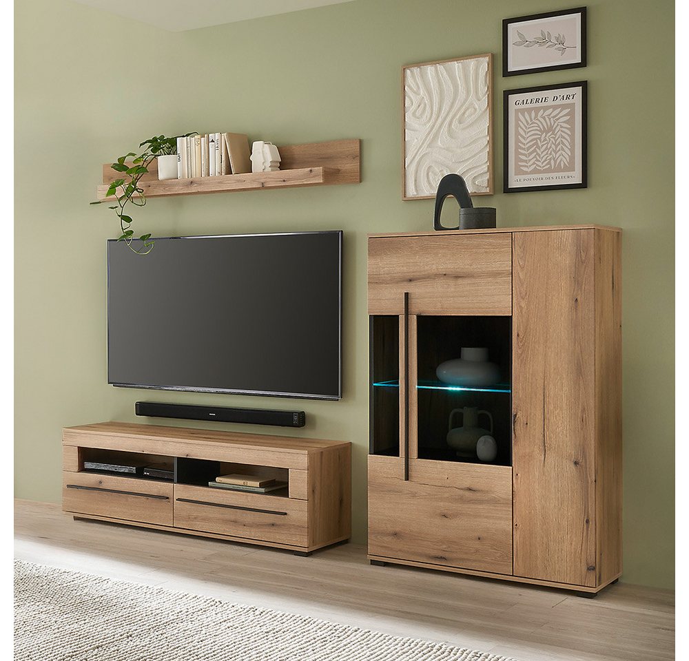 Lomadox Wohnzimmer-Set COLORADO-61, (Mega-Spar-Set, 3-St., Lowboard Vitrine Vitrinenschrank Wandregal), in Eiche mit LED Glasbodenbeleuchtung und Softclose Schubladen von Lomadox