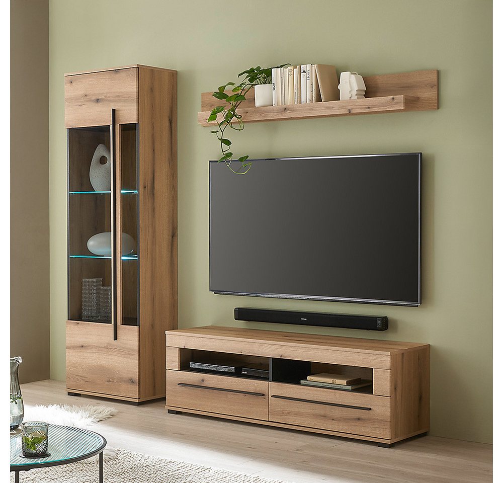 Lomadox Wohnzimmer-Set COLORADO-61, (Mega-Spar-Set, 3-St., Lowboard Vitrine Wandregal), in Eiche mit LED Glasbodenbeleuchtung und Softclose Schubladen von Lomadox