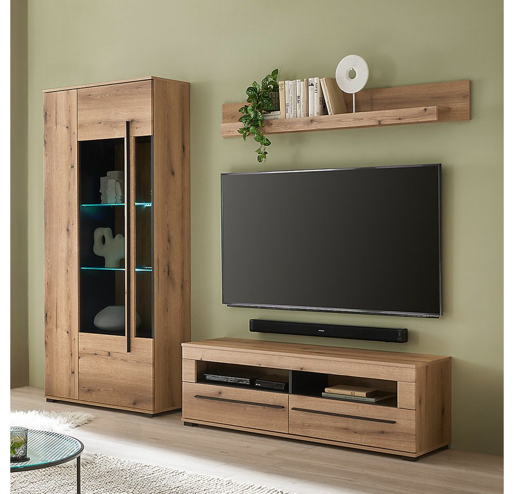 Lomadox Wohnzimmer-Set COLORADO-61, (Mega-Spar-Set, 3-St., Vitrine Lowboard Wandregal), in Eiche mit LED Glasbodenbeleuchtung und Softclose Schubladen von Lomadox