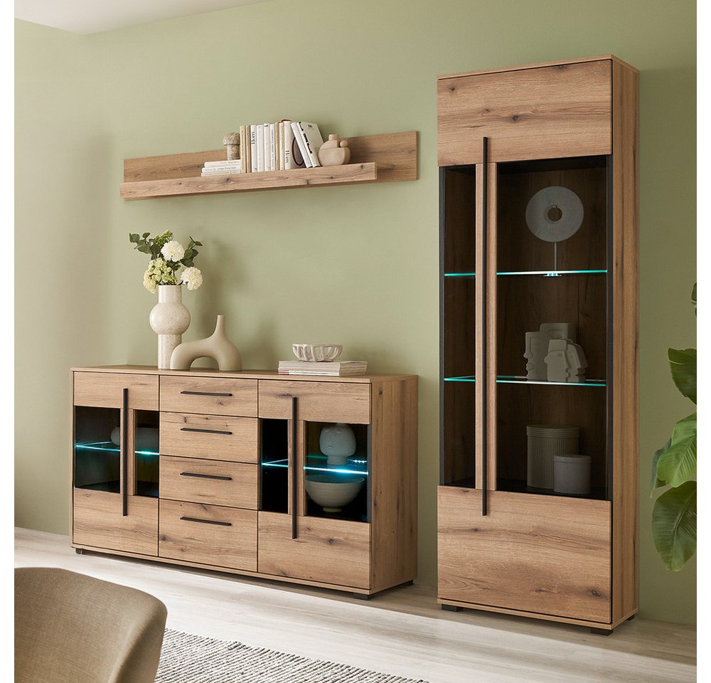 Lomadox Wohnzimmer-Set COLORADO-61, (Mega-Spar-Set, 3-St., Vitrinen Kommode Wandregal), in Eiche mit LED Glasbodenbeleuchtung und Softclose Schubladen von Lomadox