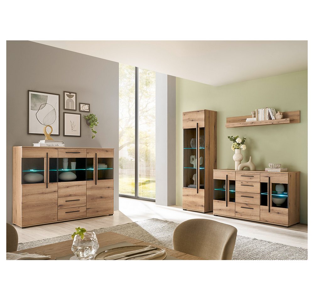 Lomadox Wohnzimmer-Set COLORADO-61, (Mega-Spar-Set, 4-St., Highboard Vitrine Kommode Wandregal), in Eiche mit LED Glasbodenbeleuchtung und Softclose Schubladen von Lomadox