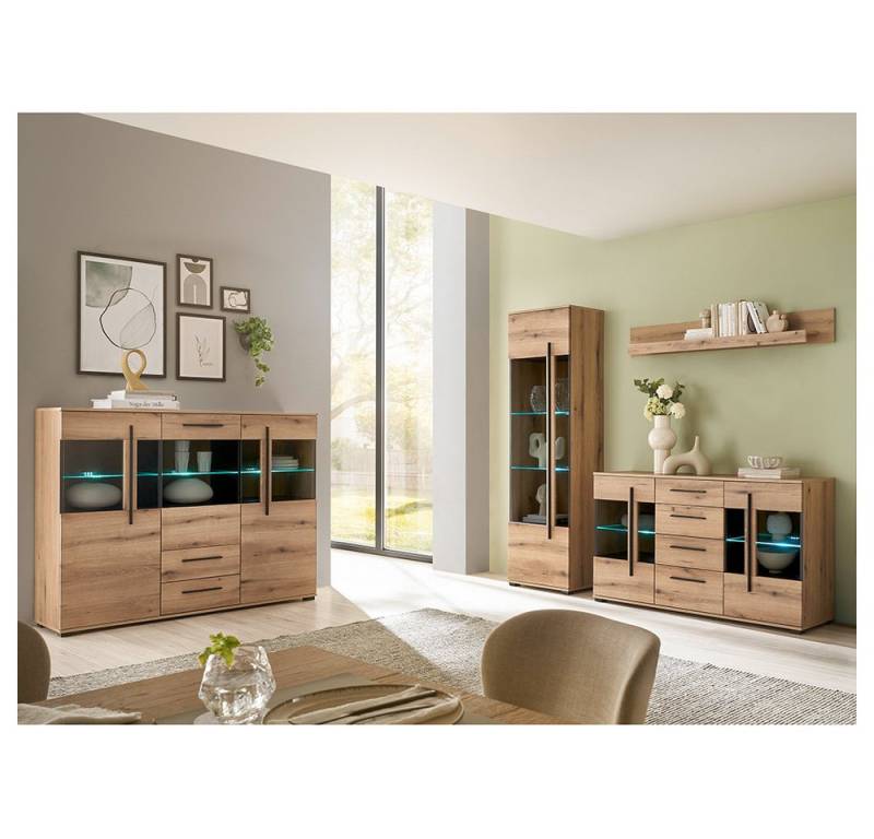 Lomadox Wohnzimmer-Set COLORADO-61, (Mega-Spar-Set, 4-St., Highboard Vitrine Kommode Wandregal), in Eiche mit LED Glasbodenbeleuchtung und Softclose Schubladen von Lomadox
