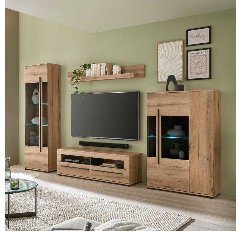 Lomadox Wohnzimmer-Set COLORADO-61, (Mega-Spar-Set, 4-St., Lowboard Vitrine Vitrinenschrank Wandregal), in Eiche mit LED Glasbodenbeleuchtung und Softclose Schubladen von Lomadox