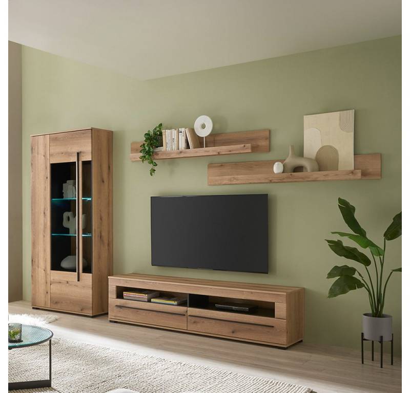 Lomadox Wohnzimmer-Set COLORADO-61, (Mega-Spar-Set, 4-St., Vitrine Lowboard Wandregal), in Eiche mit LED Glasbodenbeleuchtung und Softclose Schubladen von Lomadox