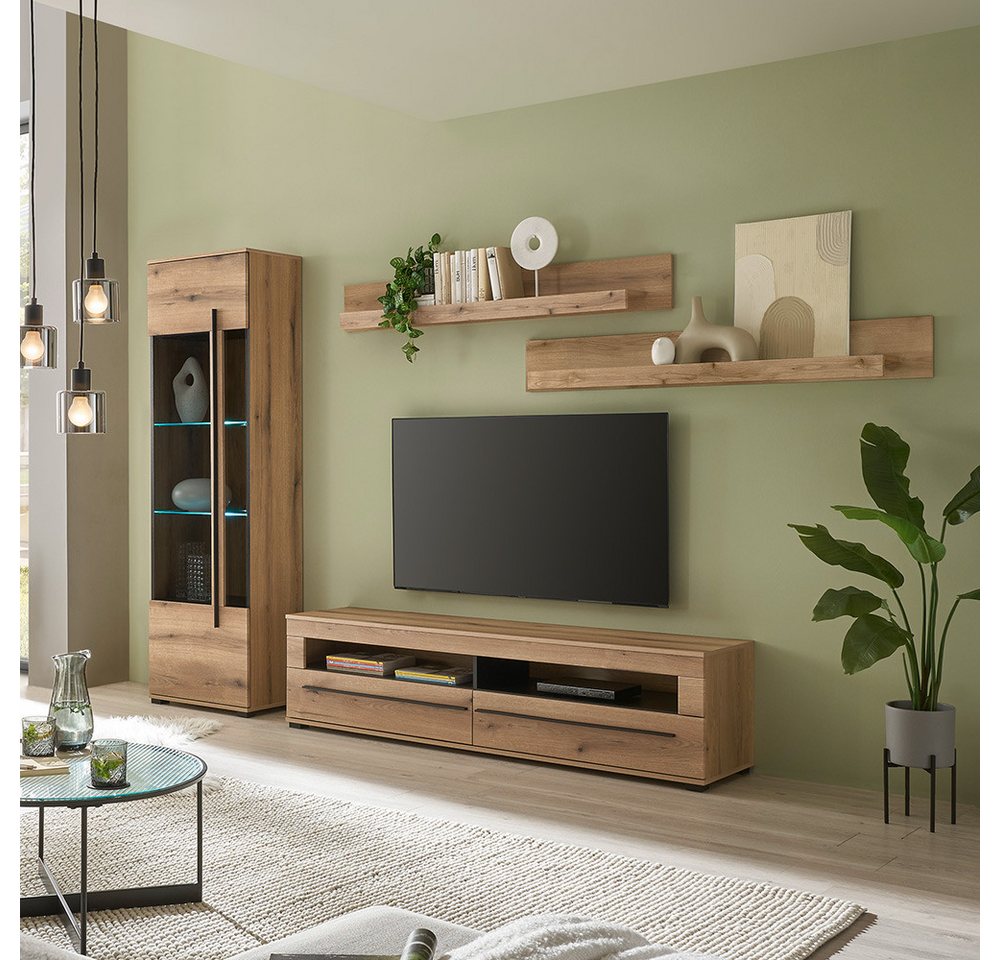 Lomadox Wohnzimmer-Set COLORADO-61, (Mega-Spar-Set, 4-St., Vitrine Lowboard Wandregale), in Eiche mit LED Glasbodenbeleuchtung und Softclose Schubladen von Lomadox