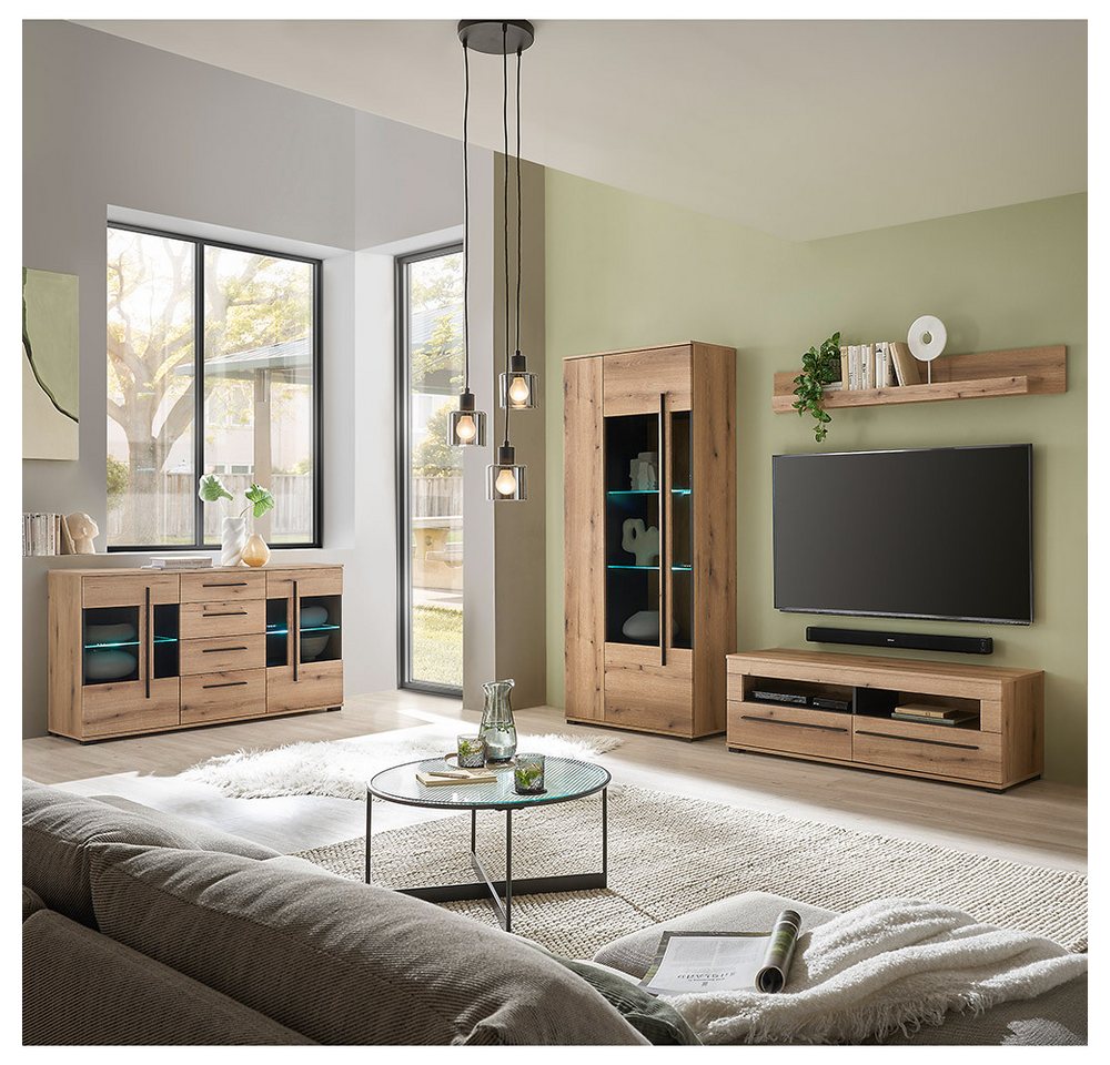 Lomadox Wohnzimmer-Set COLORADO-61, (Mega-Spar-Set, 4-St., Vitrine Sideboard Lowboard Wandregal), in Eiche mit LED Glasbodenbeleuchtung und Softclose Schubladen von Lomadox