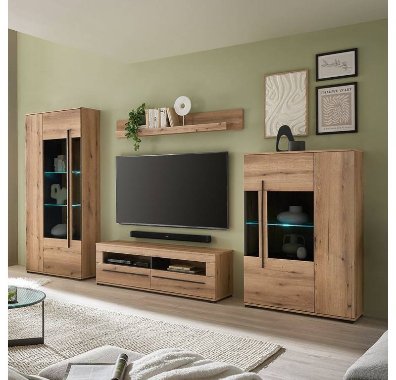 Lomadox Wohnzimmer-Set COLORADO-61, (Mega-Spar-Set, 4-St., Vitrine Vitrinenschrank Lowboard Wandregal), in Eiche mit LED Glasbodenbeleuchtung und Softclose Schubladen von Lomadox