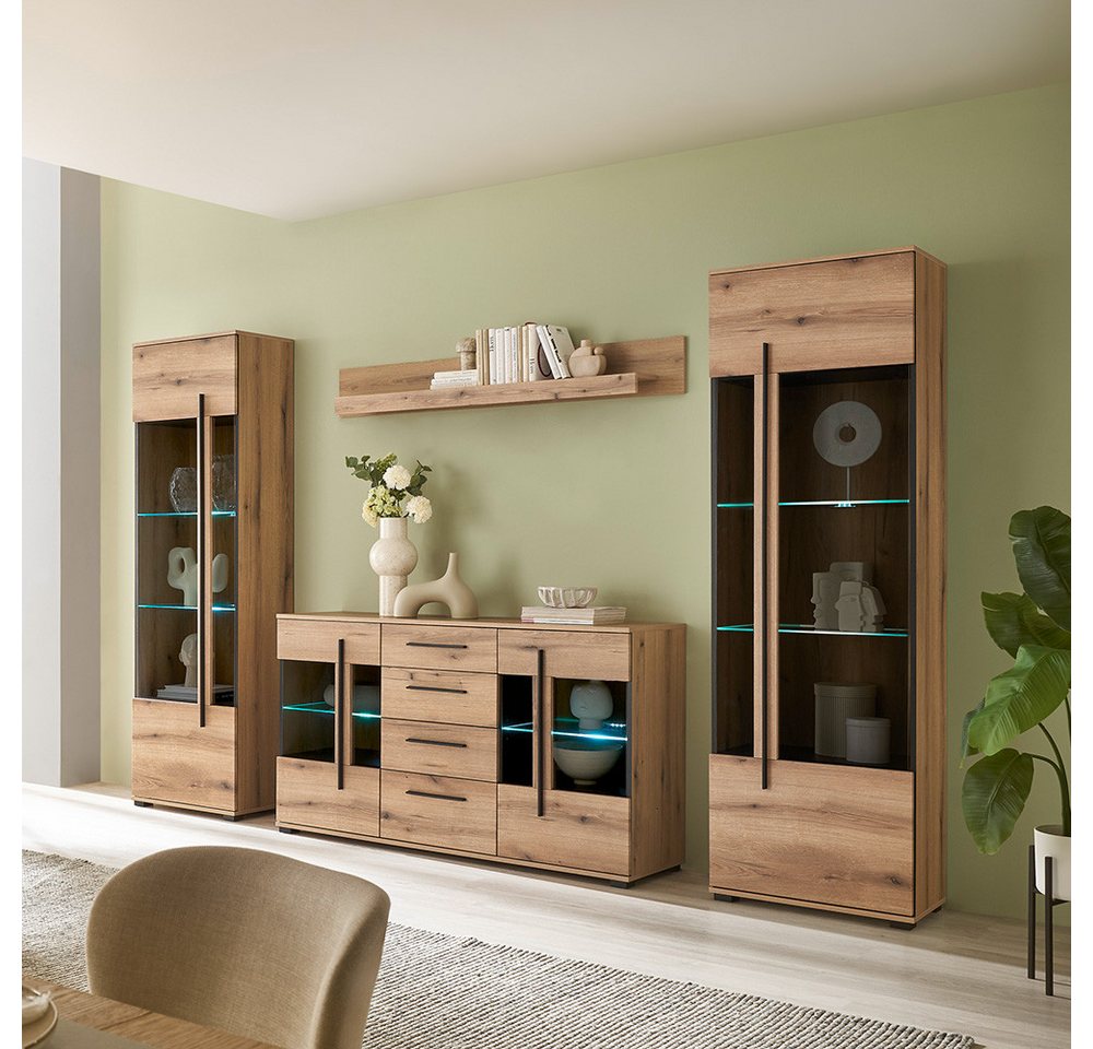 Lomadox Wohnzimmer-Set COLORADO-61, (Mega-Spar-Set, 4-St., Vitrinen Kommode Wandregal), in Eiche mit LED Glasbodenbeleuchtung und Softclose Schubladen von Lomadox