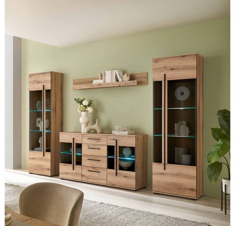 Lomadox Wohnzimmer-Set COLORADO-61, (Mega-Spar-Set, 4-St., Vitrinen Kommode Wandregal), in Eiche mit LED Glasbodenbeleuchtung und Softclose Schubladen von Lomadox