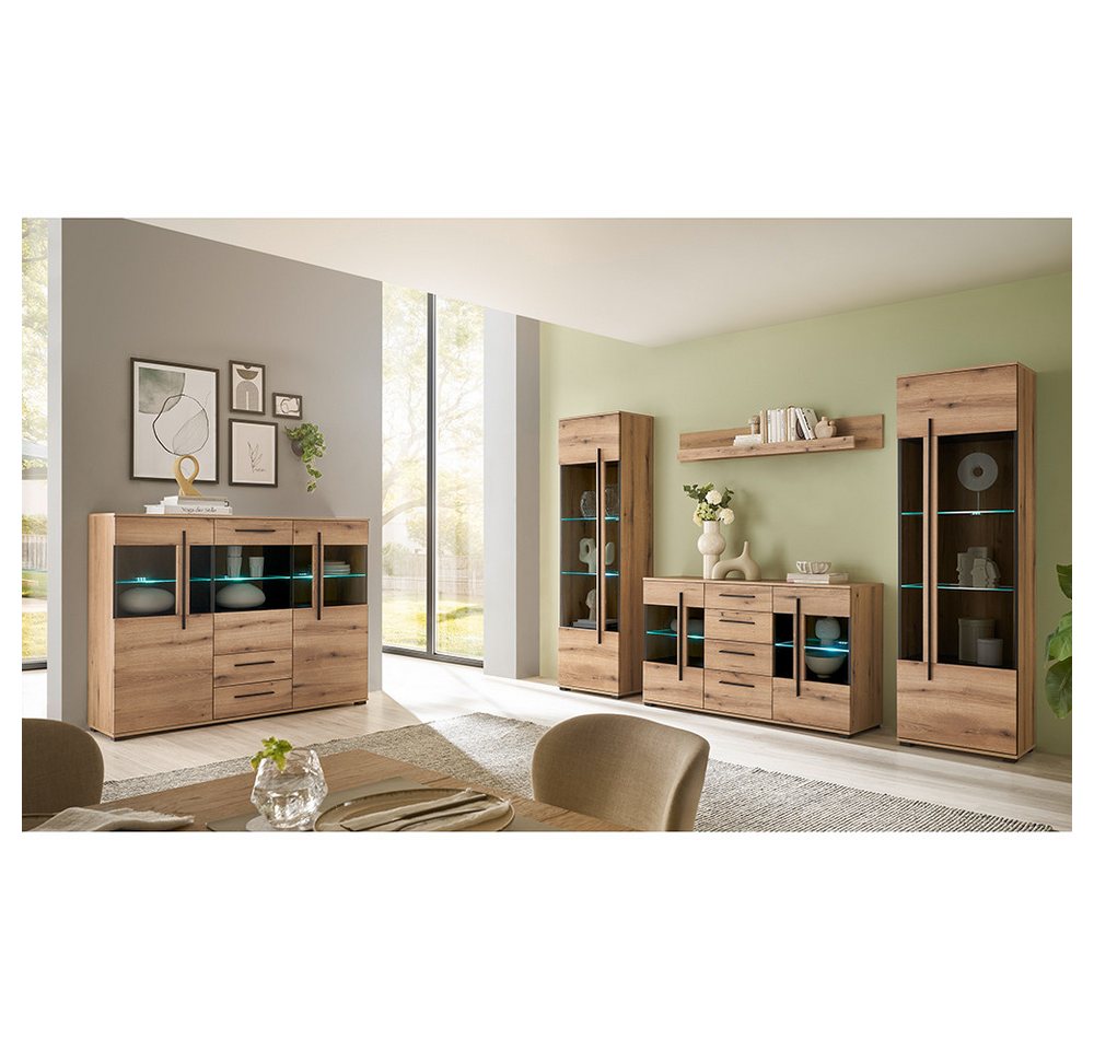 Lomadox Wohnzimmer-Set COLORADO-61, (Mega-Spar-Set, 5-St., Highboard Vitrinen Kommode Wandregal), in Eiche mit LED Glasbodenbeleuchtung und Softclose Schubladen von Lomadox