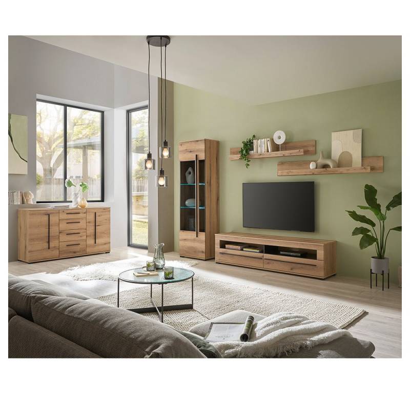 Lomadox Wohnzimmer-Set COLORADO-61, (Mega-Spar-Set, 5-St., Vitrine Kommode Lowboard Wandregale), in Eiche mit LED Glasbodenbeleuchtung und Softclose Schubladen von Lomadox