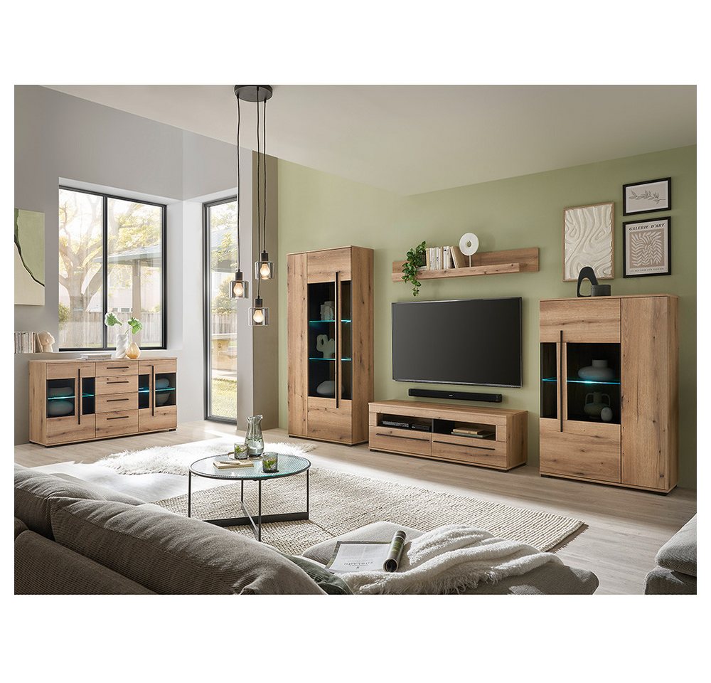 Lomadox Wohnzimmer-Set COLORADO-61, (Mega-Spar-Set, 5-St., Vitrine Sideboard Lowboard Wandregal), in Eiche mit LED Glasbodenbeleuchtung und Softclose Schubladen von Lomadox