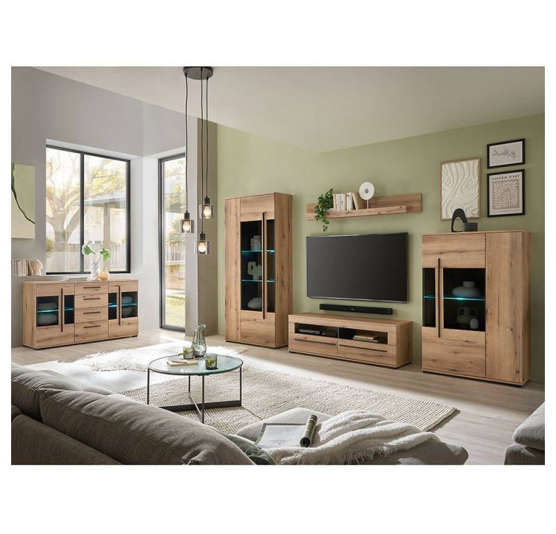 Lomadox Wohnzimmer-Set COLORADO-61, (Mega-Spar-Set, 5-St., Vitrine Sideboard Lowboard Wandregal), in Eiche mit LED Glasbodenbeleuchtung und Softclose Schubladen von Lomadox