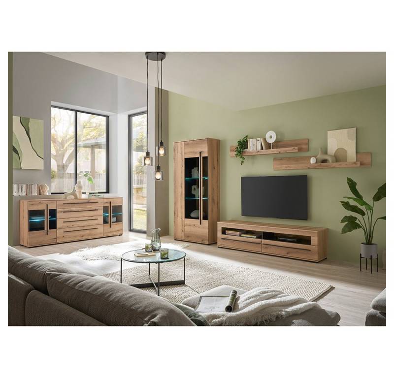 Lomadox Wohnzimmer-Set COLORADO-61, (Mega-Spar-Set, 5-St., Vitrine Sideboard Lowboard Wandregal), in Eiche mit LED Glasbodenbeleuchtung und Softclose Schubladen von Lomadox