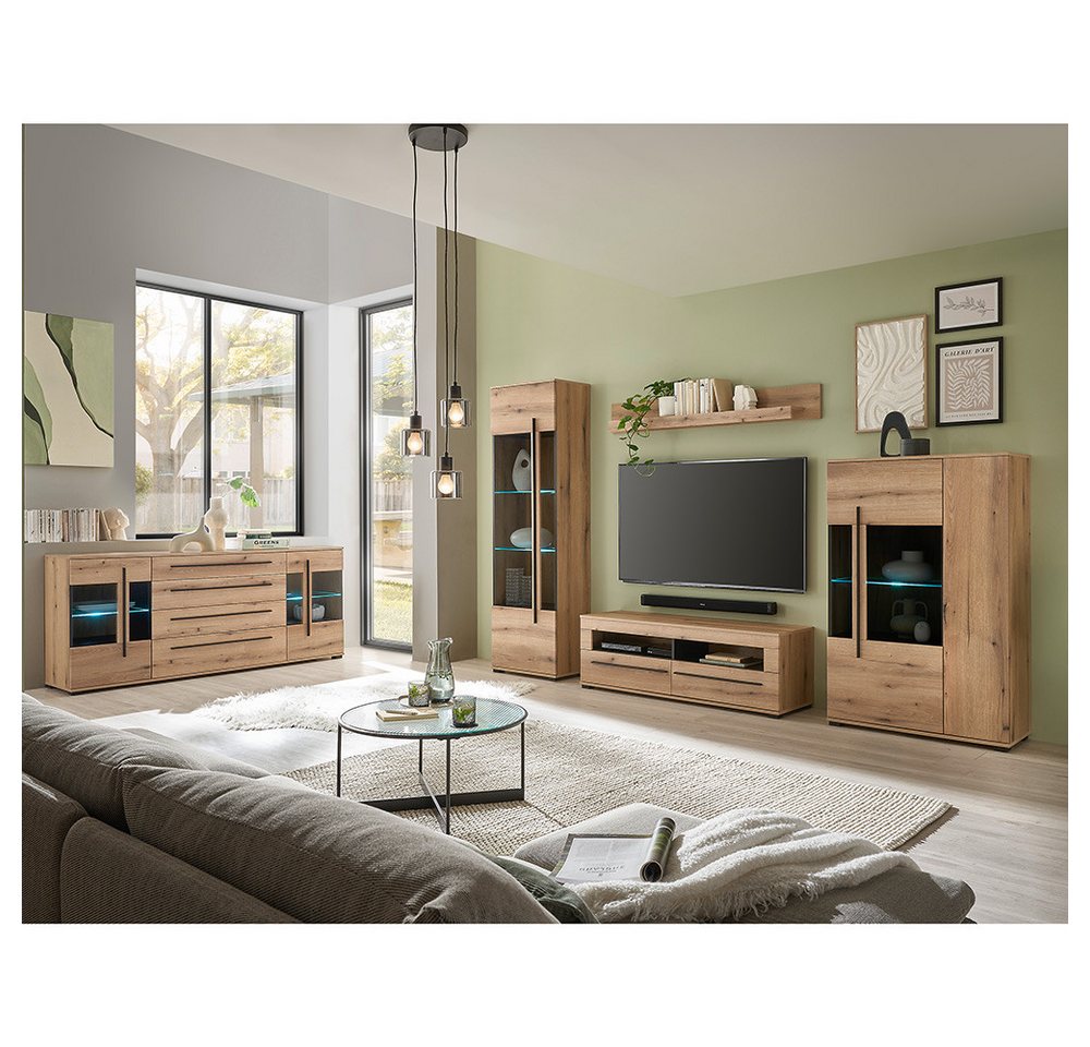 Lomadox Wohnzimmer-Set COLORADO-61, (Mega-Spar-Set, 5-St., Vitrinenschrank Vitrine Sideboard Lowboard Wandregal), in Eiche mit LED Glasbodenbeleuchtung und Softclose Schubladen von Lomadox