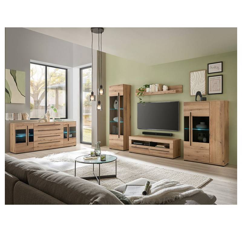 Lomadox Wohnzimmer-Set COLORADO-61, (Mega-Spar-Set, 5-St., Vitrinenschrank Vitrine Sideboard Lowboard Wandregal), in Eiche mit LED Glasbodenbeleuchtung und Softclose Schubladen von Lomadox