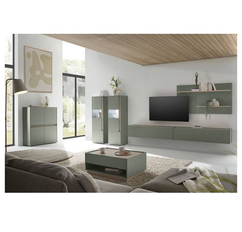 Lomadox Wohnzimmer-Set CRISP-61, (Mega-Spar-Set, 7-St., Wandpaneel beleuchtete Vitrinen Hängeschränke Couchtisch Highboard), grün mit Eiche Nb., grifflos, viel Stauraum, Beleuchtung von Lomadox