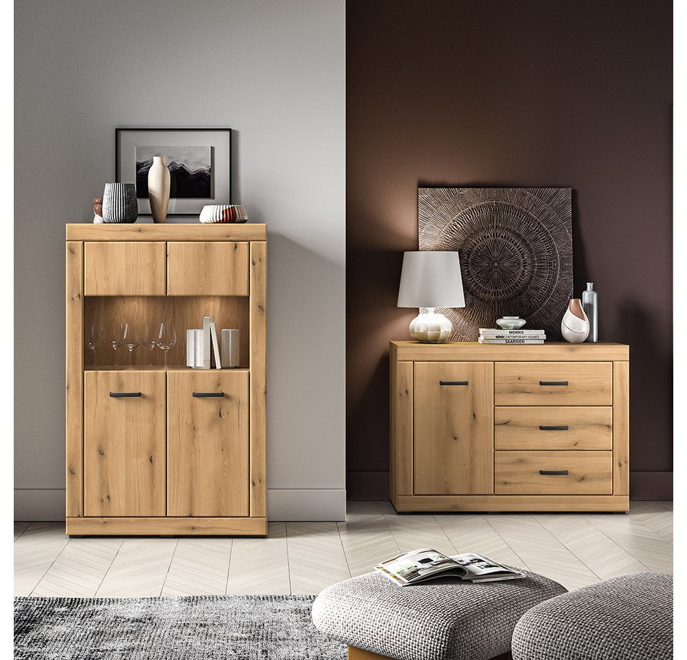 Lomadox Wohnzimmer-Set DAKAR-131, (Mega-Spar-Set, 2-St., Highboard Kommode), in Eiche, inkl. LED-Beleuchtung, modern von Lomadox