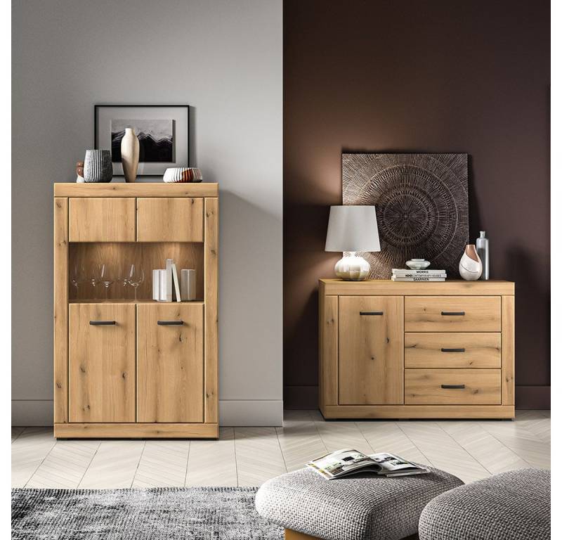 Lomadox Wohnzimmer-Set DAKAR-131, (Mega-Spar-Set, 2-St., Highboard Kommode), in Eiche, inkl. LED-Beleuchtung, modern von Lomadox