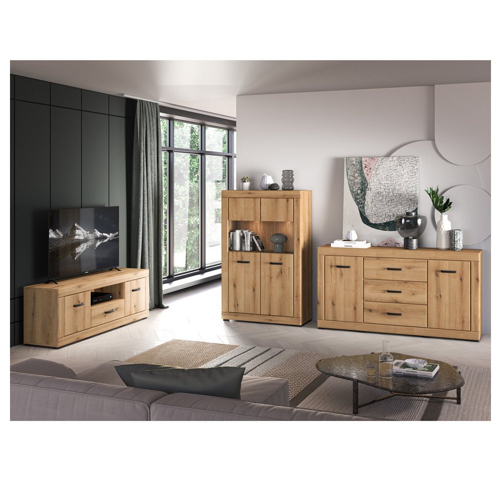 Lomadox Wohnzimmer-Set DAKAR-131, (Mega-Spar-Set, 3-St., Lowboard Highboard Sideboard), in Eiche, inkl. LED-Beleuchtung von Lomadox