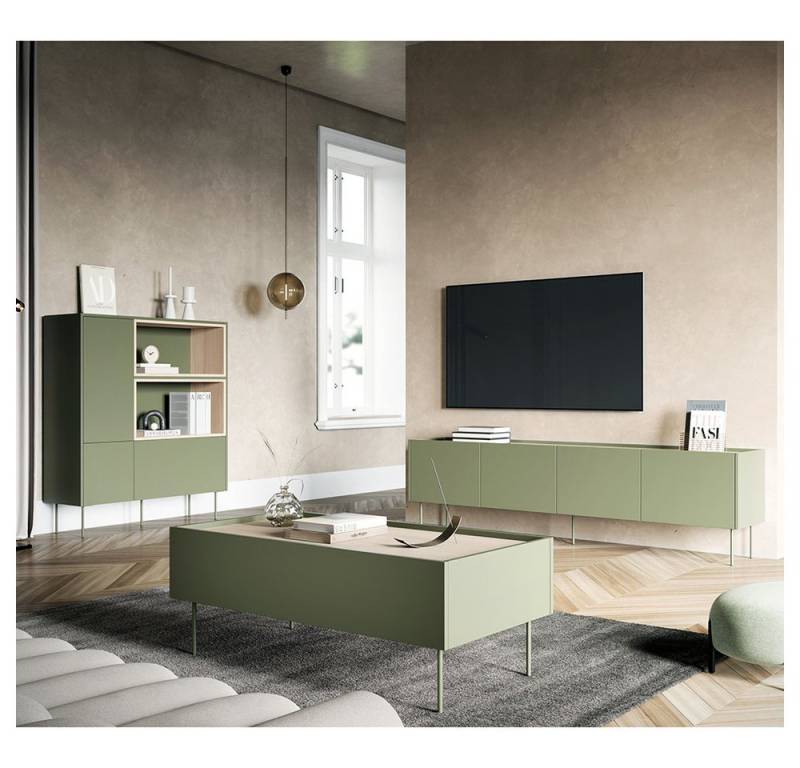 Lomadox Wohnzimmer-Set DELFT-141, (Mega-Spar-Set, 3-St., Couchtisch Highboard Lowboard), in olivgrün mit Eiche, modern, grifflos von Lomadox