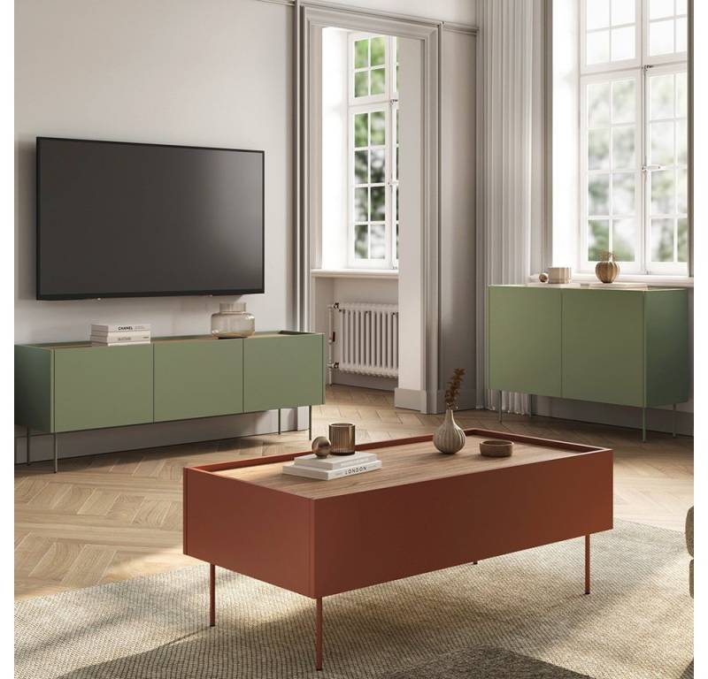 Lomadox Wohnzimmer-Set DELFT-141, (Mega-Spar-Set, 3-St., Couchtisch Lowboard Sideboard), in olivgrün und keramikrot mit Eiche, Metallfüße, modern, grifflos von Lomadox