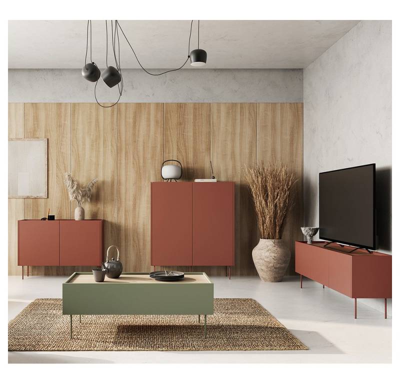 Lomadox Wohnzimmer-Set DELFT-141, (Mega-Spar-Set, 4-St., Couchtisch Highboard Lowboard Sideboard), in kaminrot und olivgrün mit Metallfüßen. modern, grifflos von Lomadox