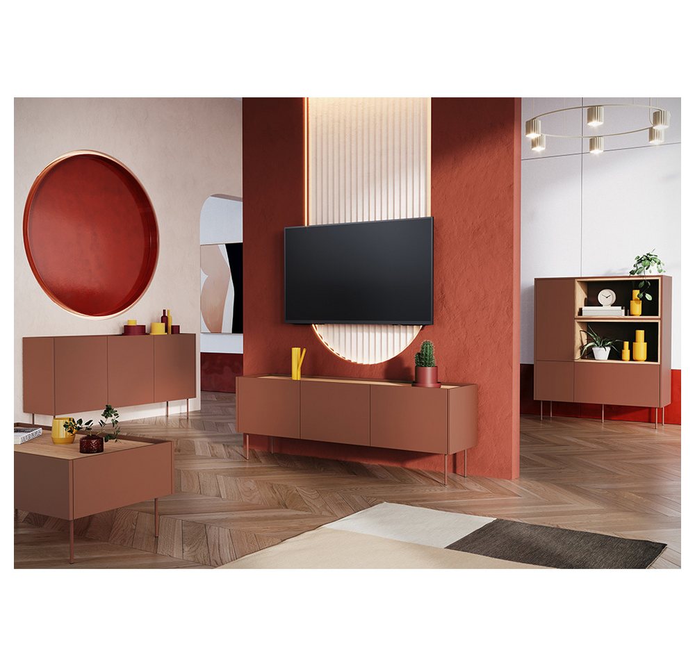 Lomadox Wohnzimmer-Set DELFT-141, (Mega-Spar-Set, 4-St., Couchtisch Highboard Lowboard Sideboard), in keramikrot mit Eiche, Metfallfüße, modern, grifflos von Lomadox