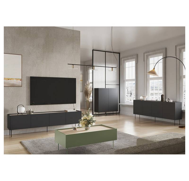 Lomadox Wohnzimmer-Set DELFT-141, (Mega-Spar-Set, 4-St., Couchtisch Highboard Lowboard Sideboard), in schwarz und olivgrün mit Eiche, Metallfüße, modern, grifflos von Lomadox