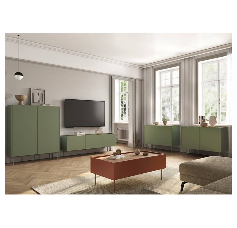 Lomadox Wohnzimmer-Set DELFT-141, (Mega-Spar-Set, 5-St., Couchtisch Highboard Lowboard Sideboards), in olivgrün und keramikrot mit Eiche, Metallfüße, modern, grifflos von Lomadox