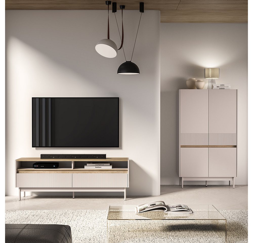 Lomadox Wohnzimmer-Set DINAR-131, (Mega-Spar-Set, 2-St., Highboard Lowboard), kaschmir matt Eiche-Dekor modern Metallfüße grifflos Rillen von Lomadox