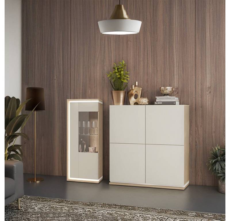 Lomadox Wohnzimmer-Set DRACHTEN-83, (Mega-Spar-Set, 2-St., Highboard Vitrine), Wohnmöbel Eiche kaschmir Modern inkl. LED-Beleuchtung von Lomadox