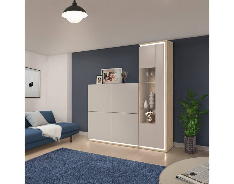 Lomadox Wohnzimmer-Set DRACHTEN-83, (Mega-Spar-Set, 2-St., Highboard Vitrine), Wohnmöbel Eiche kaschmir Modern von Lomadox