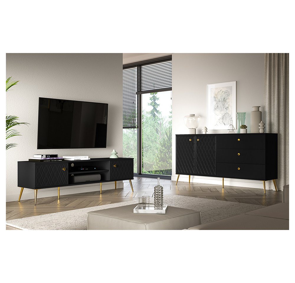 Lomadox Wohnzimmer-Set ELKO-131, (Mega-Spar-Set, 2-St., Lowboard Sideboard), in schwarz matt, goldfarbene Griffe, gefräste Front von Lomadox