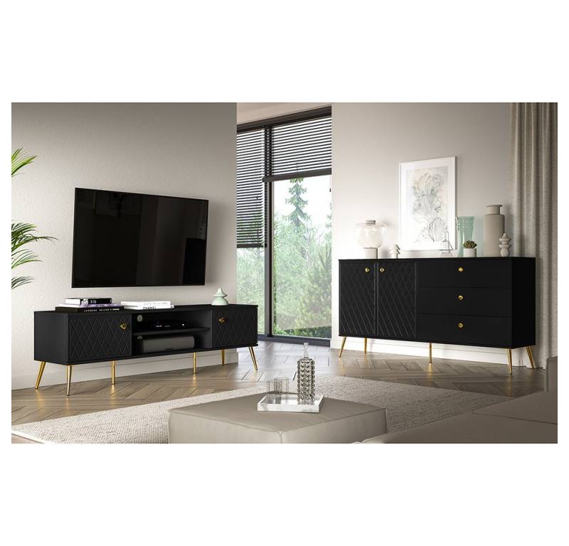 Lomadox Wohnzimmer-Set ELKO-131, (Mega-Spar-Set, 2-St., Lowboard Sideboard), in schwarz matt, goldfarbene Griffe, gefräste Front von Lomadox