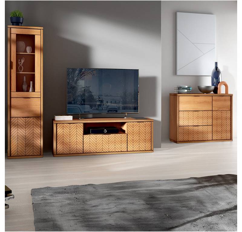 Lomadox Wohnzimmer-Set FABRIANO-161, (Mega-Spar-Set, 3-St., Vitrinenschrank Lowboard Kommode), Wohnzimmerschrank Wohnmöbel Wohnzimmer Kommode Vitrine modern Eiche von Lomadox
