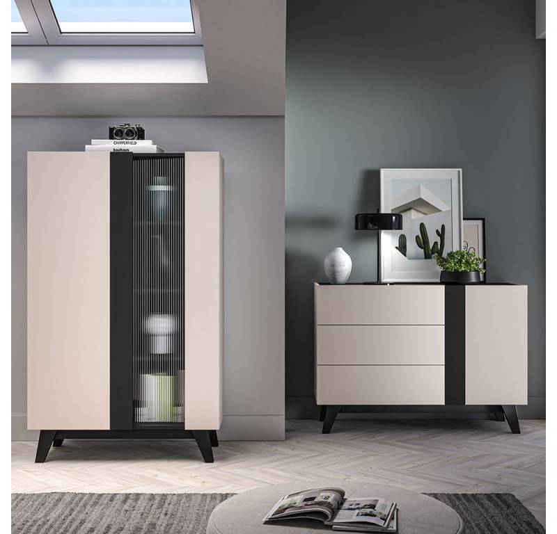 Lomadox Wohnzimmer-Set FRIONA-131, (Mega-Spar-Set, 2-St., Highboard Kommode), kaschmir schwarz modern Möbelfüße Softclose Glastür von Lomadox