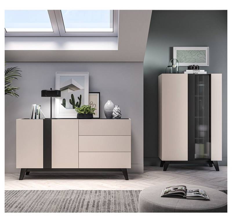 Lomadox Wohnzimmer-Set FRIONA-131, (Mega-Spar-Set, 2-St., Highboard Sideboard), kaschmir schwarz modern Möbelfüße Softclose Glastür von Lomadox