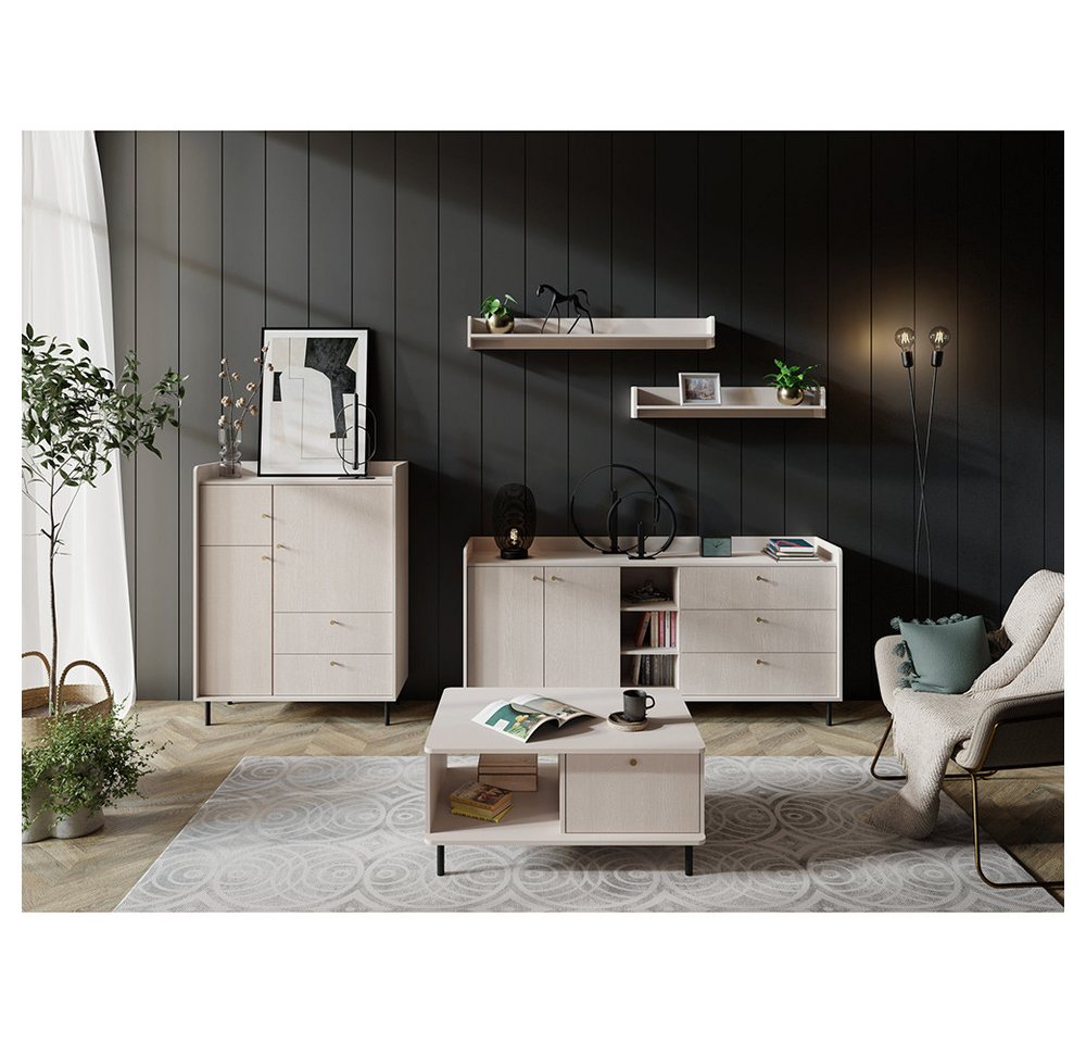Lomadox Wohnzimmer-Set GORICA-133, (Mega-Spar-Set, 5-St., Sideboard Highboard Wandregale Couchtisch), in sandbeige mit fühlbarer Struktur, goldfarbene Metallgriffe von Lomadox