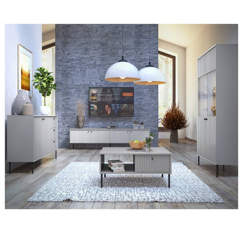 Lomadox Wohnzimmer-Set IPSWICH-166, (Mega-Spar-Set, 4-St., Vitrine Kommode Couchtisch Lowboard), Wohnwand mit Wohnzimmertisch, grau mit gerillten Fronten von Lomadox