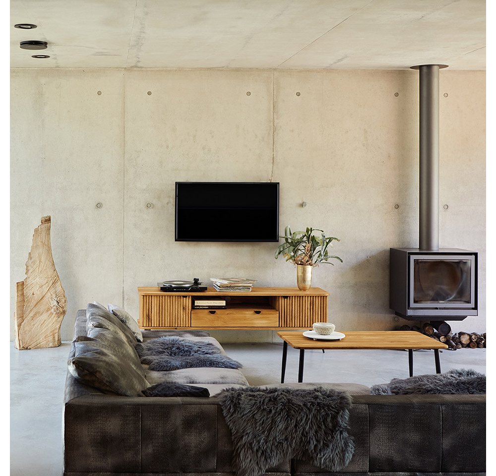 Lomadox Wohnzimmer-Set KABALA-165, (Mega-Spar-Set, 2-St., Couchtisch Highboard), Couchtisch 60x110 cm, Eiche massiv geölt, gerillte Front von Lomadox