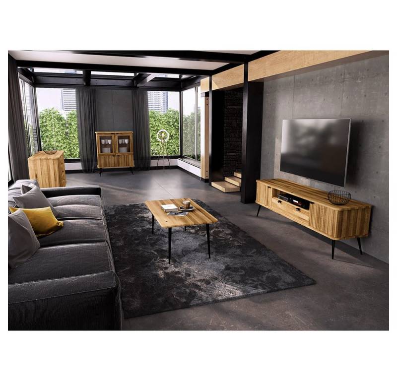 Lomadox Wohnzimmer-Set KABALA-165, (Mega-Spar-Set, 4-St., Couchtisch Highboard Lowboard Sideboard), Couchtisch 60x100 cm, Eiche massiv geölt, teilmontiert, gerillte Front von Lomadox