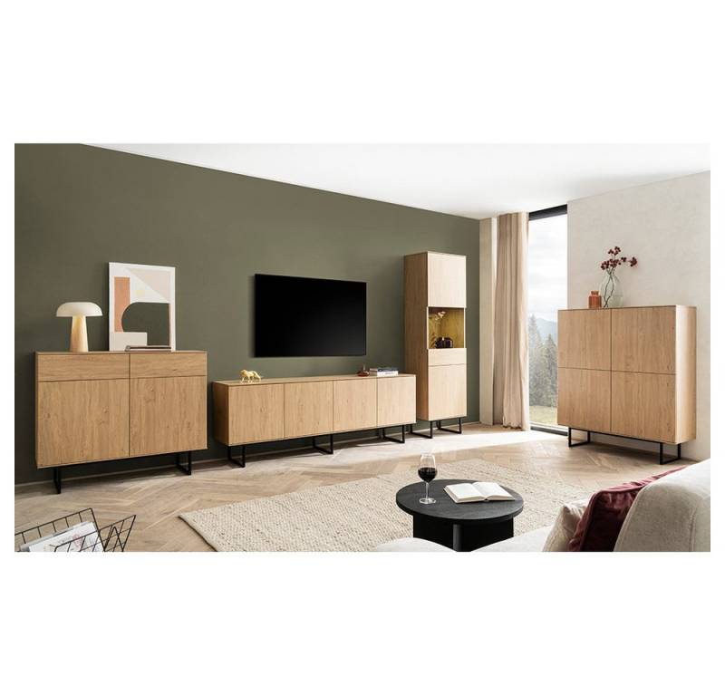 Lomadox Wohnzimmer-Set KASOL-61, (Mega-Spar-Set, 4-St., Vitrinenschrank Beleuchtung Lowboard Highboard Kommode), Eiche Dekor grifflos Push-to-open Metallgestell LED Beleuchtung von Lomadox