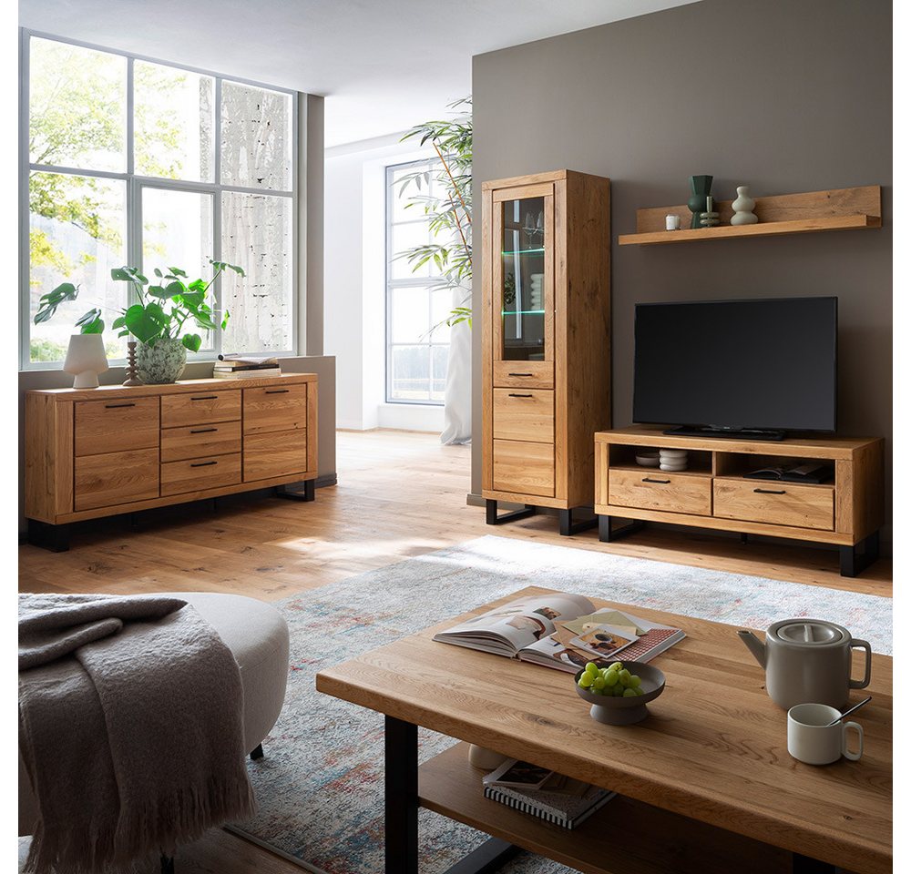 Lomadox Wohnzimmer-Set KUMASI-06, (Mega-Spar-Set, 5-St., Couchtisch Lowboard Sideboard Vitrine Wandregal), in Eiche teilmassiv, inkl. LED-Beleuchtung, Metallgriffe & -füße von Lomadox