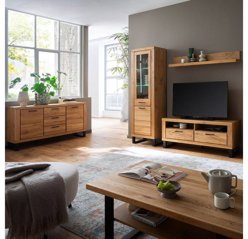 Lomadox Wohnzimmer-Set KUMASI-06, (Mega-Spar-Set, 5-St., Couchtisch Lowboard Sideboard Vitrine Wandregal), in Eiche teilmassiv, inkl. LED-Beleuchtung, Metallgriffe & -füße von Lomadox