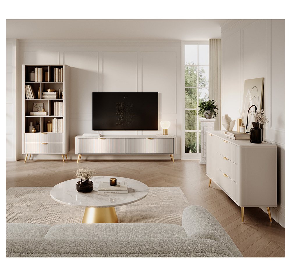 Lomadox Wohnzimmer-Set LANGON-167, (Mega-Spar-Set, 3-St., Nachttische Bettgestell Kleiderschrank Kommode), beige, mit Rillenfront, goldfarbene Griffe von Lomadox