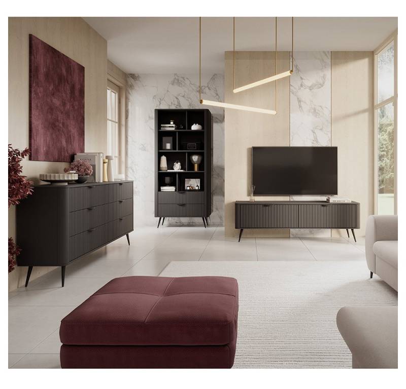 Lomadox Wohnzimmer-Set LANGON-167, (Mega-Spar-Set, 3-St., TV-Lowboard Kommode Bücherregal), schwarz matt, mit Rillenfront, schwarze Griffe von Lomadox