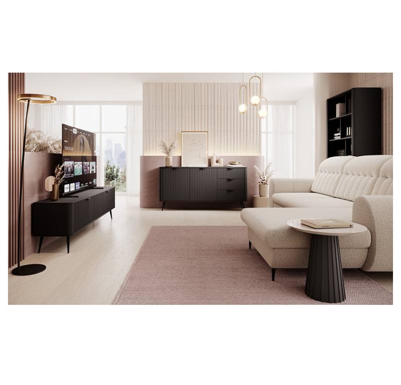 Lomadox Wohnzimmer-Set LANGON-167, (Mega-Spar-Set, 3-St., TV-Lowboard Kommode Bücherregal), schwarz matt, mit Rillenfront, schwarze Griffe von Lomadox