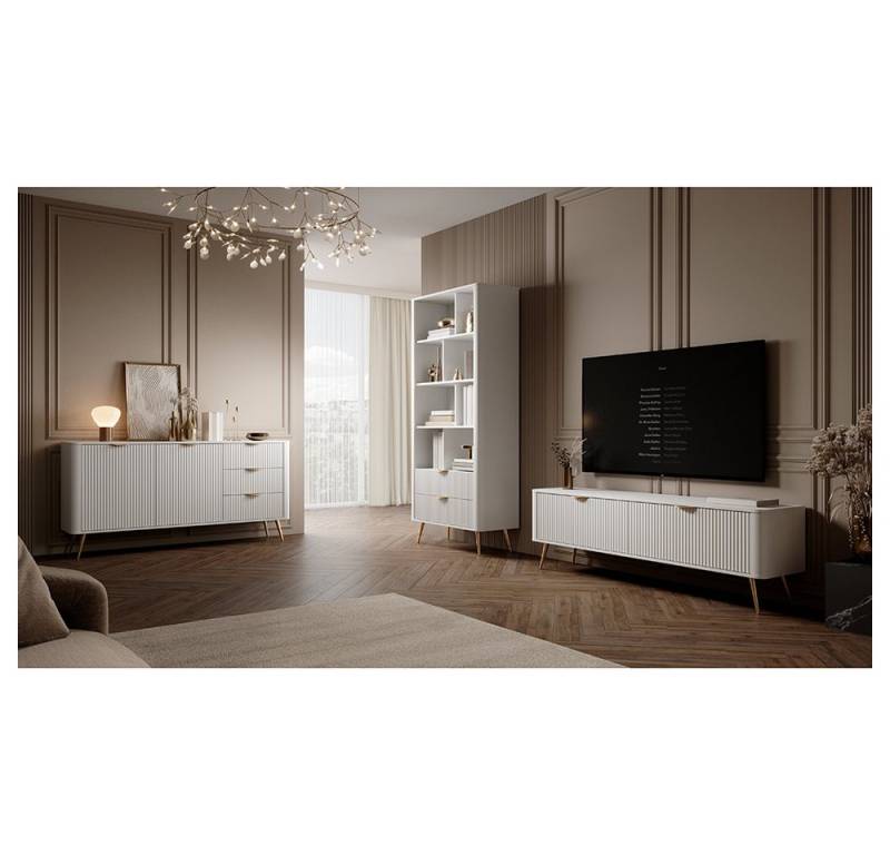 Lomadox Wohnzimmer-Set LANGON-167, (Mega-Spar-Set, 3-St., TV-Lowboard Kommode Bücherregal), weiß, mit Rillenfront, goldfarbene Griffe von Lomadox